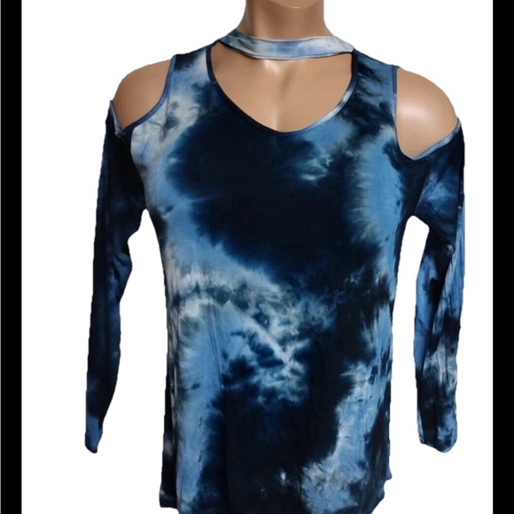 Women’s Simply Southern Blue Tie Dye LS Cold Shoulder Choker V Neck Top S - Picture 1 of 5